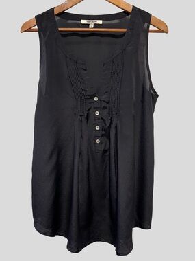DANIEL RAINN Black Pintuck Sleeveless Sheer Henley Blouse Tunic Goth Minimalist